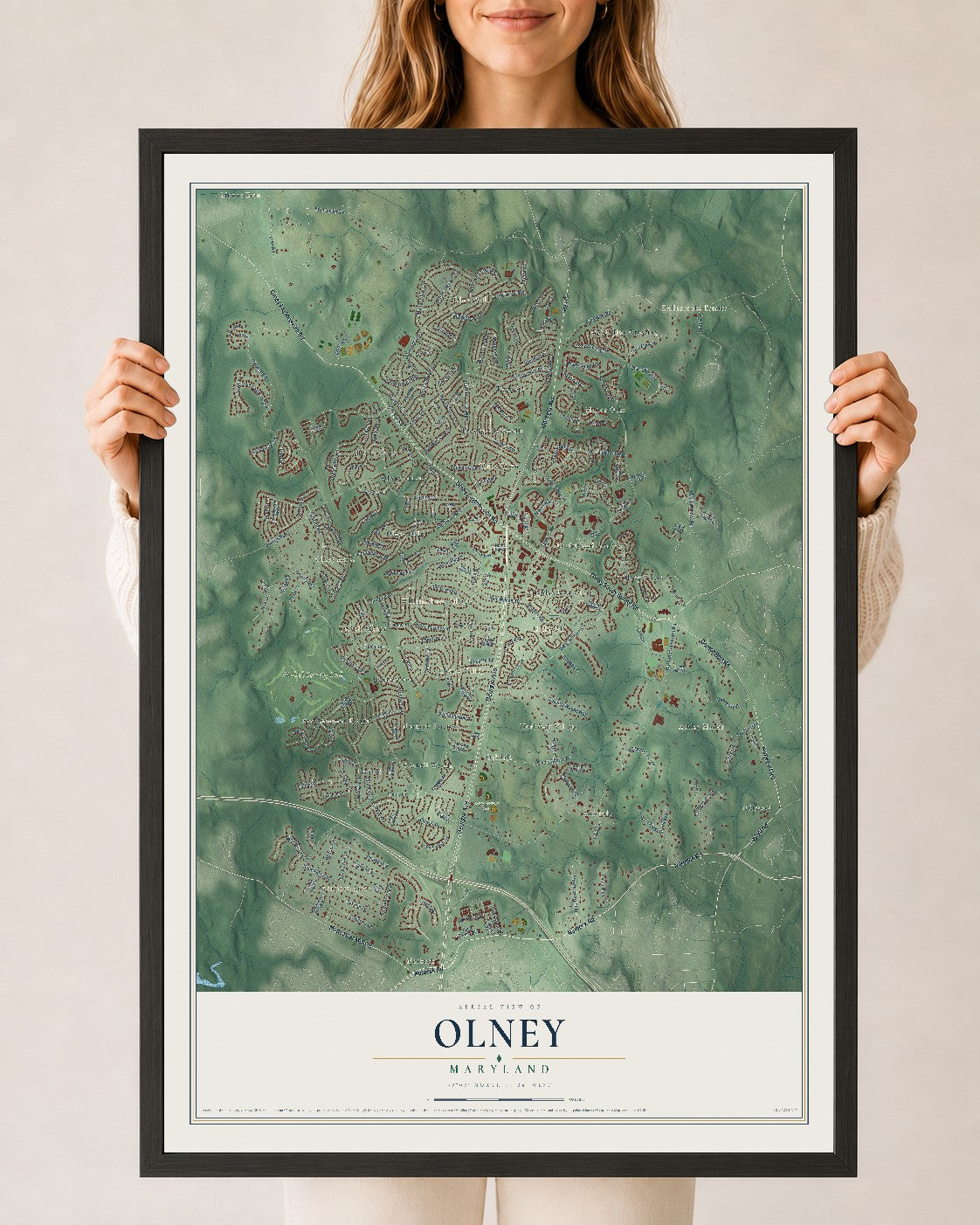 Map of Olney, Maryland, 24 x 36 inch print in a black wood frame