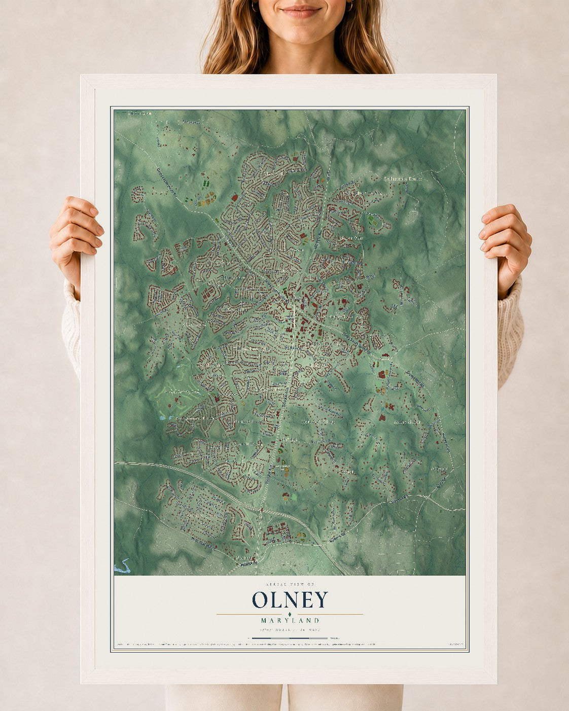 Map of Olney, Maryland, 24 x 36 inch print in a white wood frame