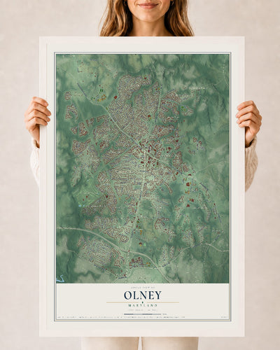 Map of Olney, Maryland, 24 x 36 inch print in a white wood frame