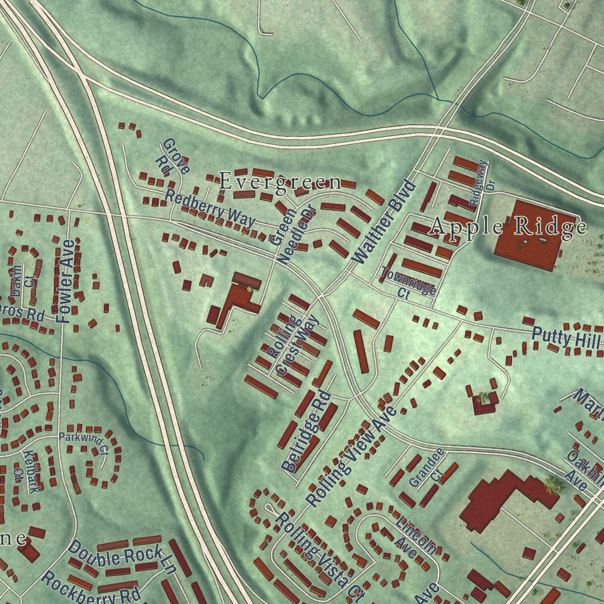 Second close-up of the map of Overlea, Baltimore County, Maryland print showing more streets and buildings