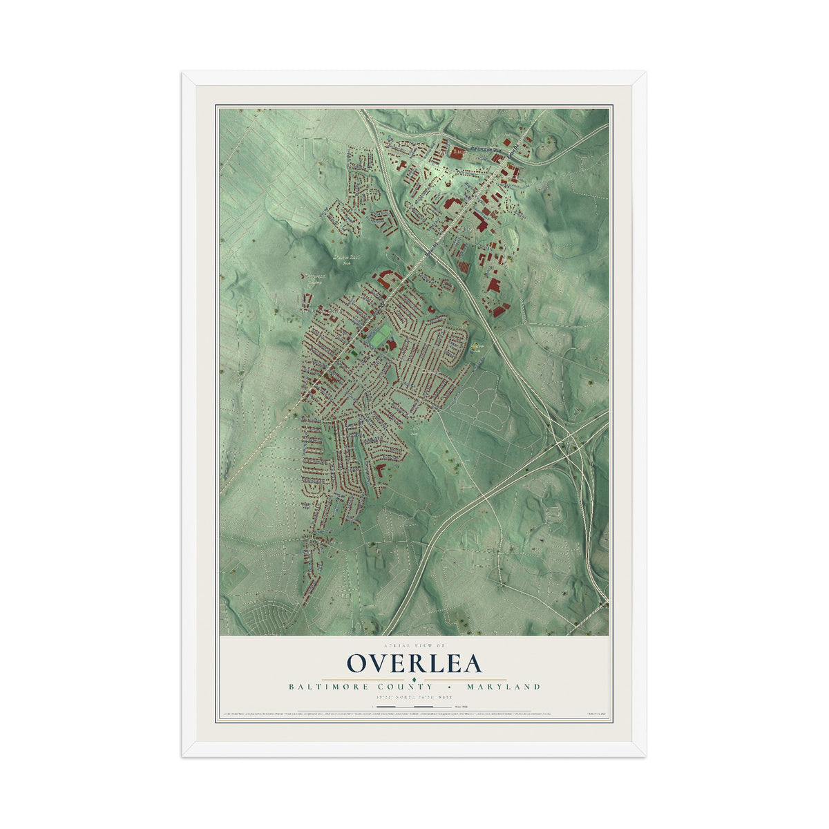 Map of Overlea, Baltimore County, Maryland, 12 x 18 inch print in a white wood frame