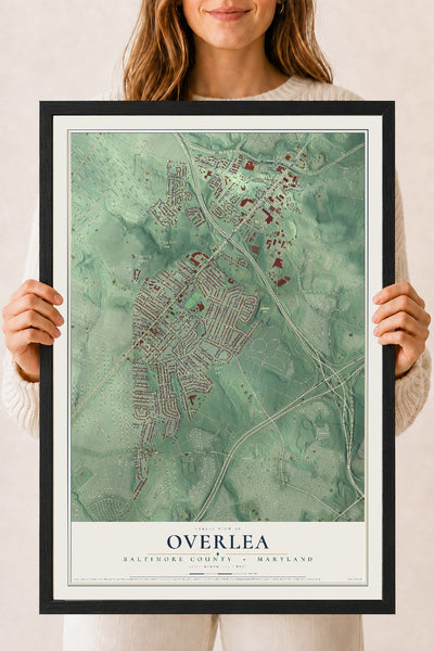 Map of Overlea, Baltimore County, Maryland, 18 x 24 inch print in a black wood frame