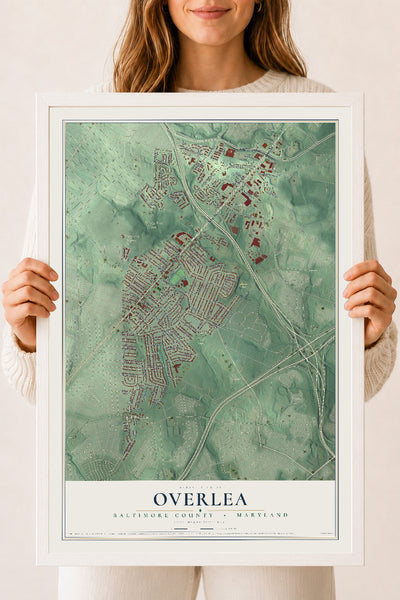 Map of Overlea, Baltimore County, Maryland, 18 x 24 inch print in a white wood frame