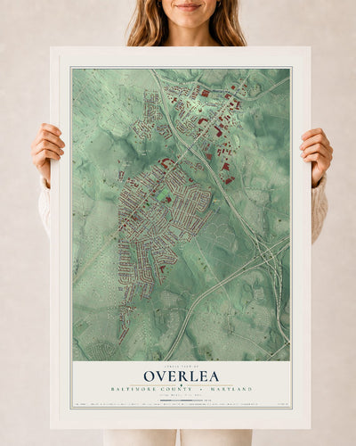Map of Overlea, Baltimore County, Maryland, 24 x 36 inch print in a white wood frame