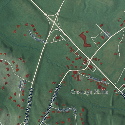 Close-up of the map of Owings, Maryland print showing street and building detail