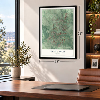 Owings Mills, Maryland map, 18 x 24 inch print in a black frame in a home office