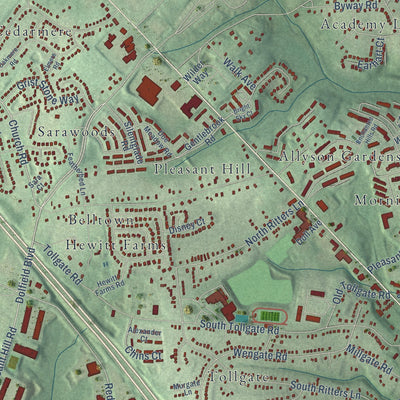Close-up of the map of Owings Mills, Maryland print showing street and building detail