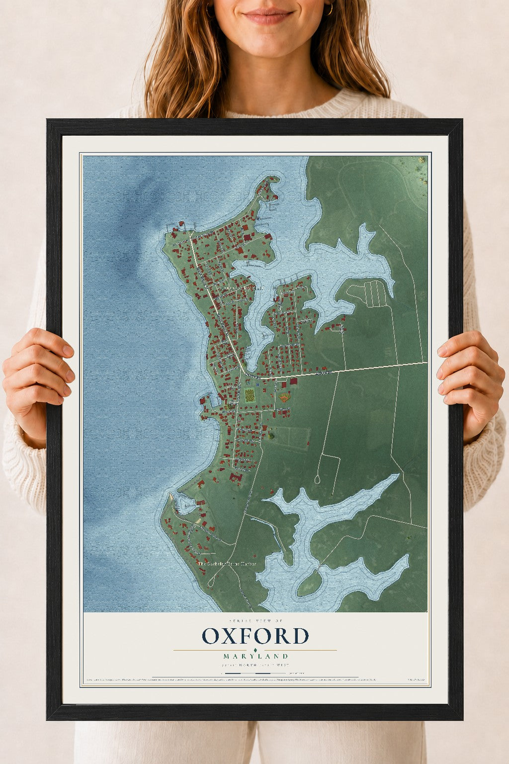 Map of Oxford, Maryland, 18 x 24 inch print in a black wood frame