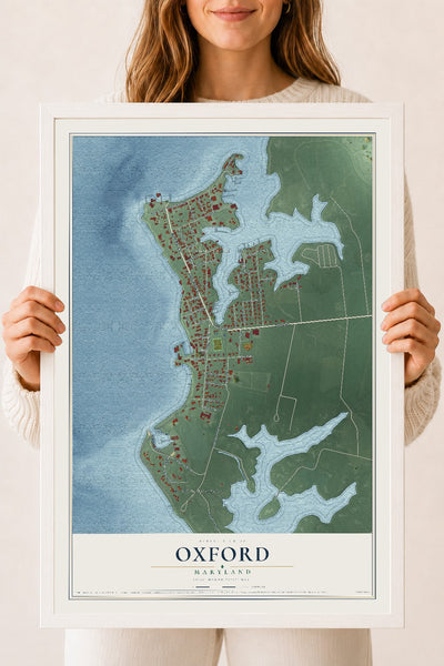 Map of Oxford, Maryland, 18 x 24 inch print in a white wood frame
