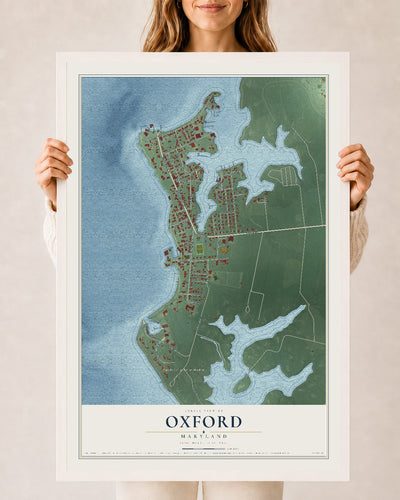 Map of Oxford, Maryland, 24 x 36 inch print in a white wood frame