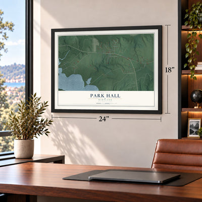 Park Hall, Maryland map, 18 x 24 inch print in a black frame in a home office