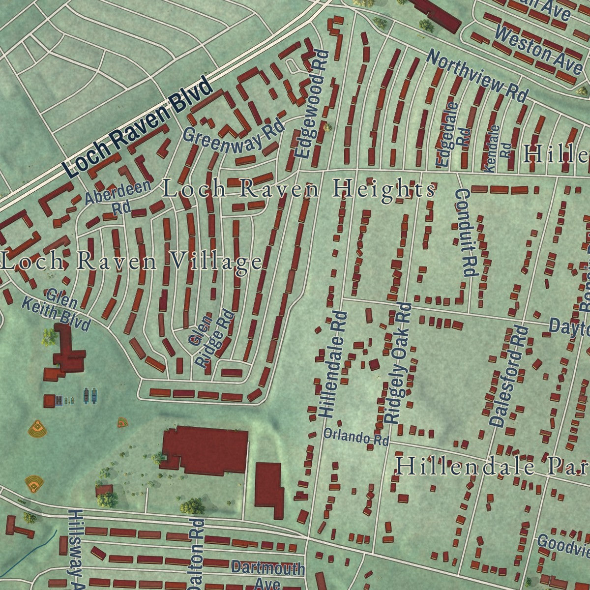 Close-up of the map of Parkville, Maryland print showing street and building detail