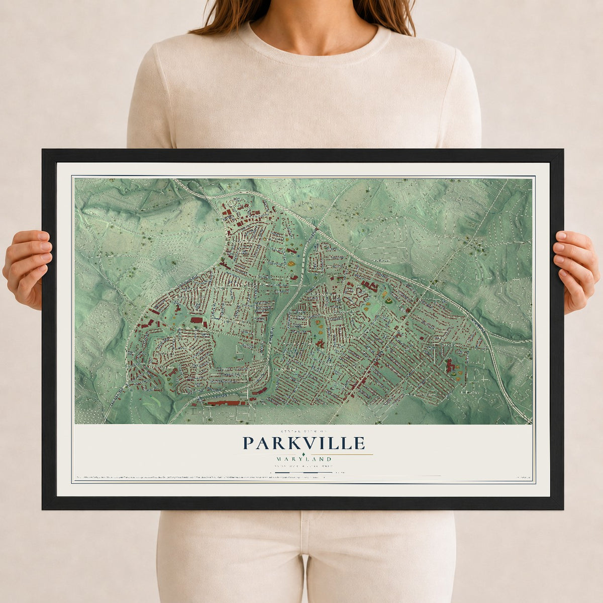 Map of Parkville, Maryland, 12 x 18 inch print in a black wood frame