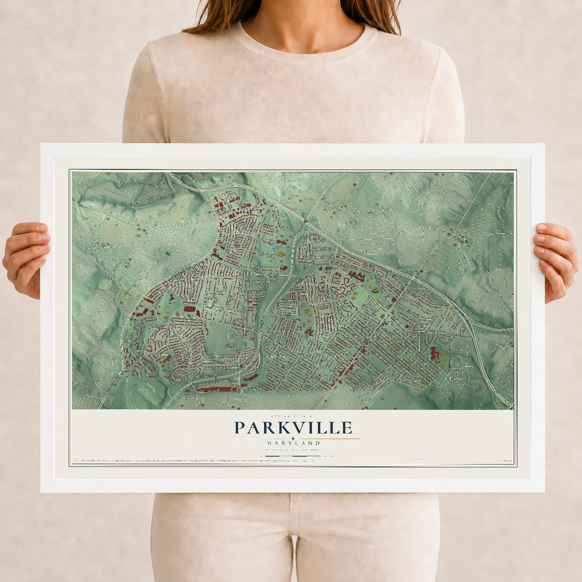 Map of Parkville, Maryland, 12 x 18 inch print in a white wood frame