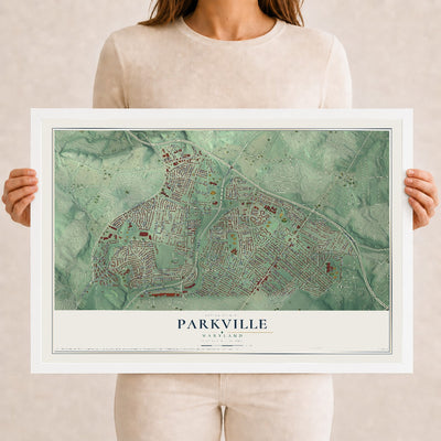 Map of Parkville, Maryland, 12 x 18 inch print in a white wood frame