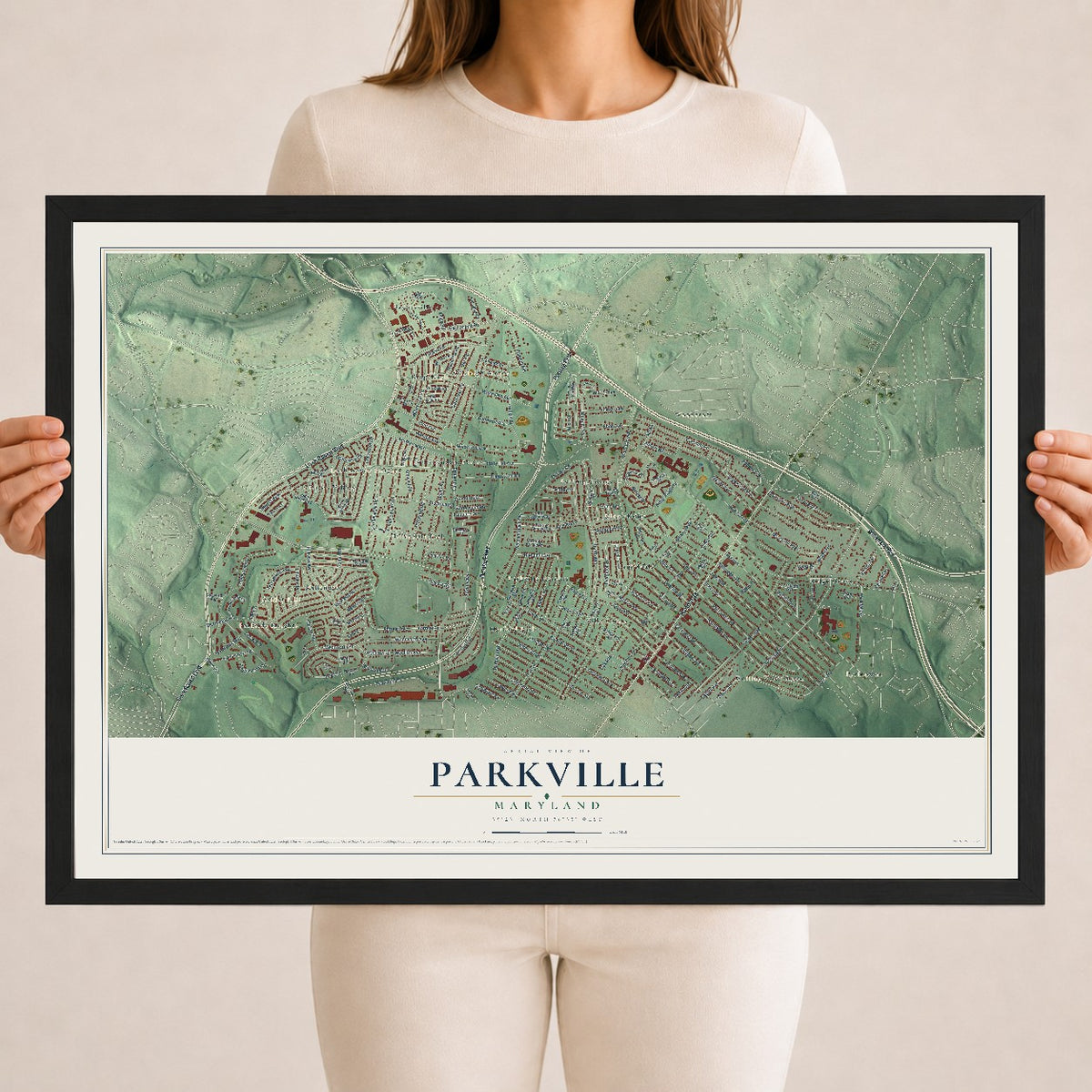 Map of Parkville, Maryland, 18 x 24 inch print in a black wood frame