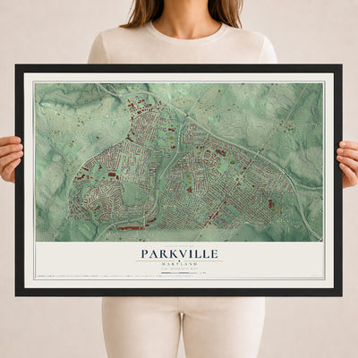 Map of Parkville, Maryland, 18 x 24 inch print in a black wood frame