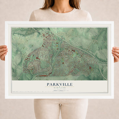 Map of Parkville, Maryland, 18 x 24 inch print in a white wood frame