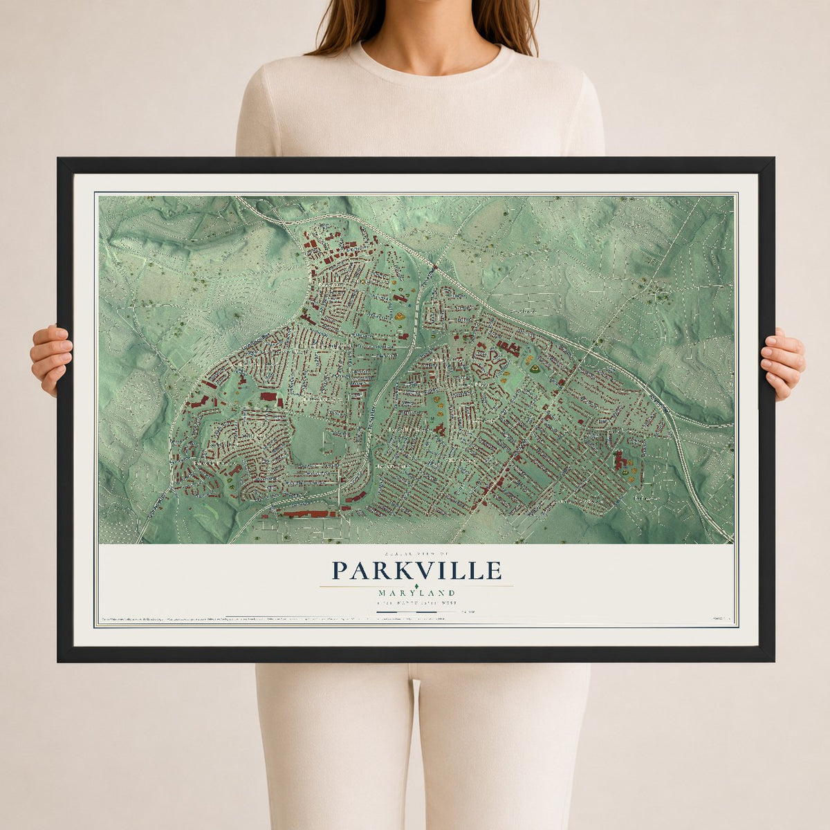 Map of Parkville, Maryland, 24 x 36 inch print in a black wood frame