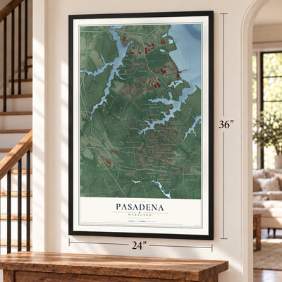 Pasadena, Maryland map, 24 x 36 inch print in a black frame by a staircase
