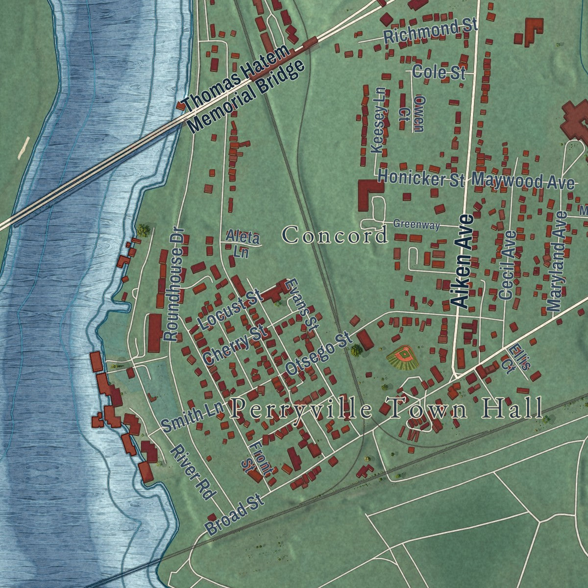 Close-up of the map of Perryville, Maryland print showing street and building detail