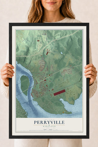 Map of Perryville, Maryland, 18 x 24 inch print in a black wood frame
