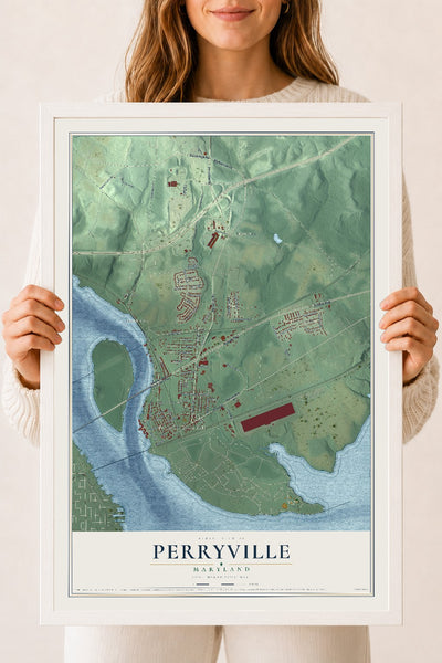 Map of Perryville, Maryland, 18 x 24 inch print in a white wood frame
