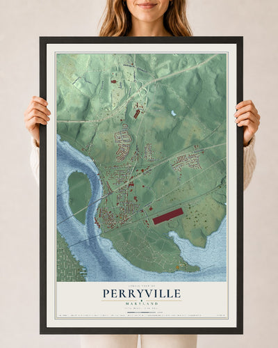 Map of Perryville, Maryland, 24 x 36 inch print in a black wood frame