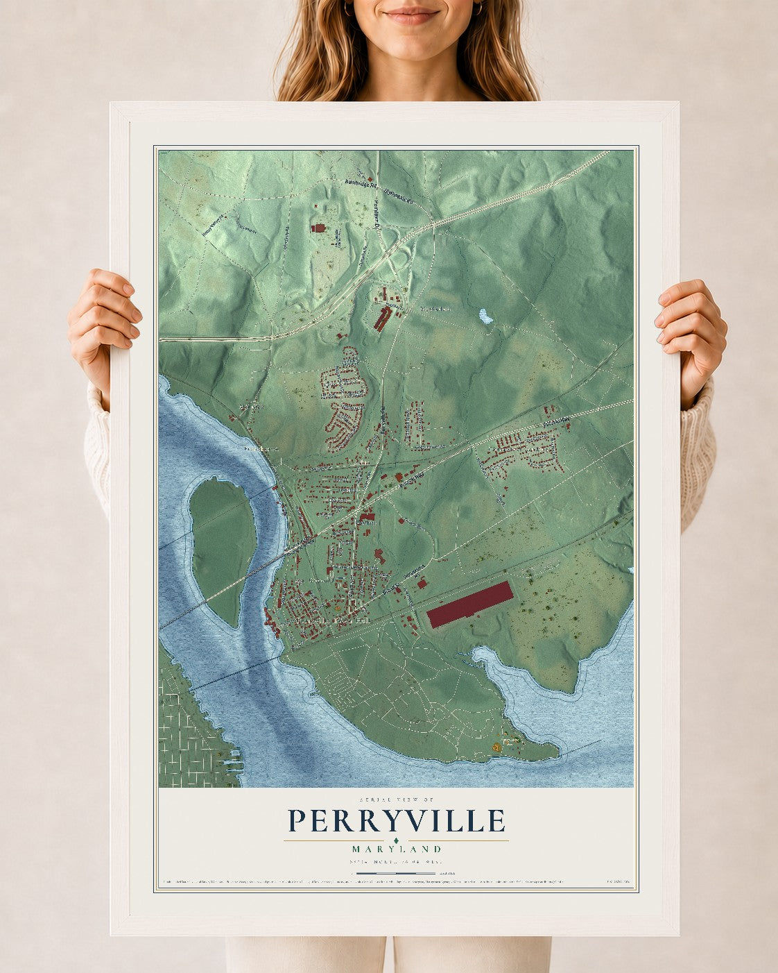 Map of Perryville, Maryland, 24 x 36 inch print in a white wood frame