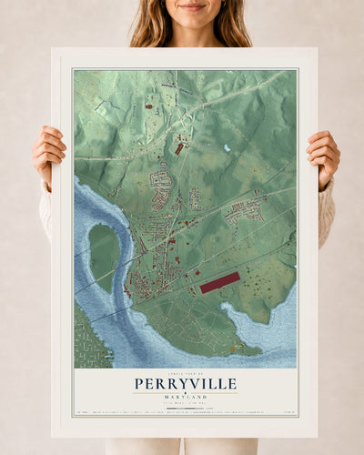 Map of Perryville, Maryland, 24 x 36 inch print in a white wood frame