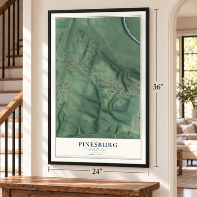 Pinesburg, Maryland map, 24 x 36 inch print in a black frame by a staircase