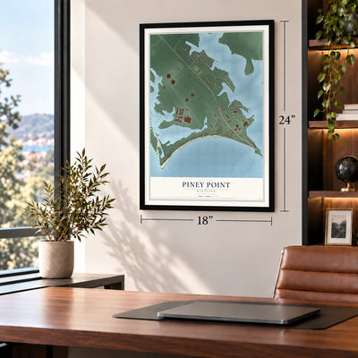 Piney Point, Maryland map, 18 x 24 inch print in a black frame in a home office