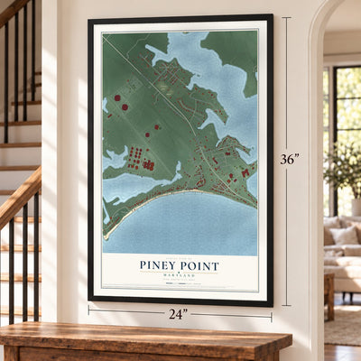 Piney Point, Maryland map, 24 x 36 inch print in a black frame by a staircase