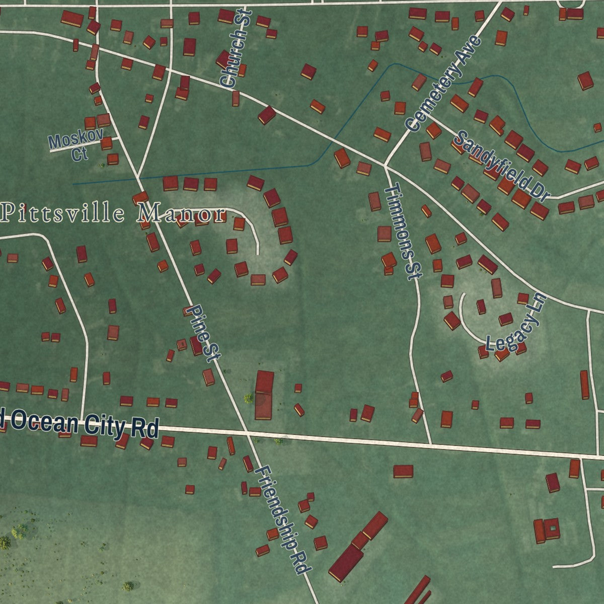Close-up of the map of Pittsville, Maryland print showing street and building detail