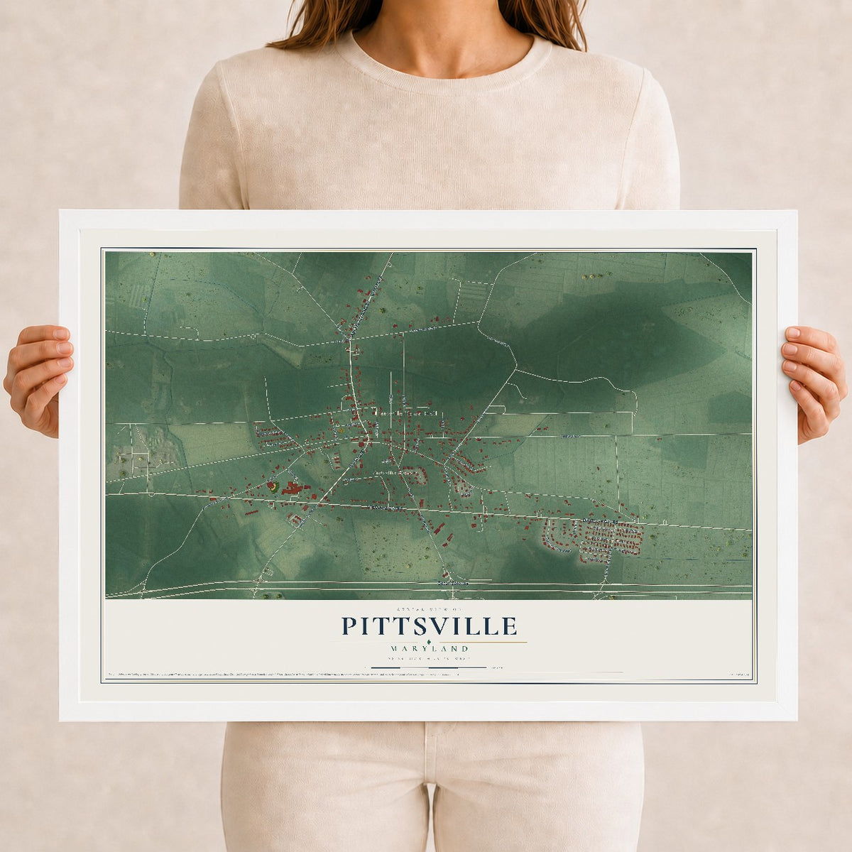 Map of Pittsville, Maryland, 12 x 18 inch print in a white wood frame