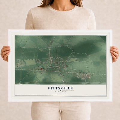 Map of Pittsville, Maryland, 12 x 18 inch print in a white wood frame