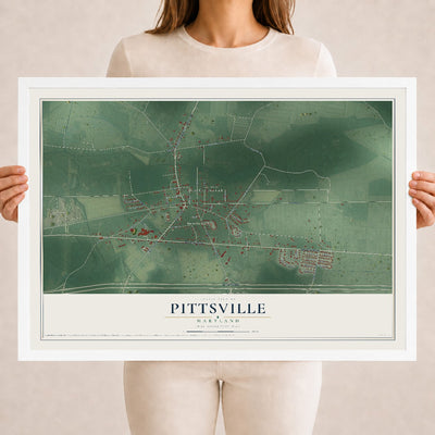 Map of Pittsville, Maryland, 18 x 24 inch print in a white wood frame