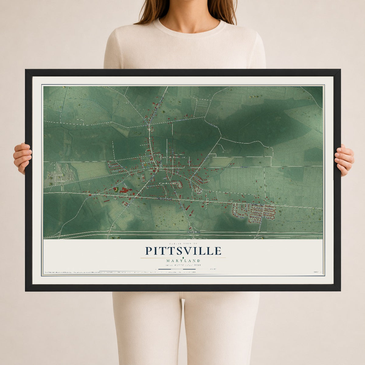 Map of Pittsville, Maryland, 24 x 36 inch print in a black wood frame