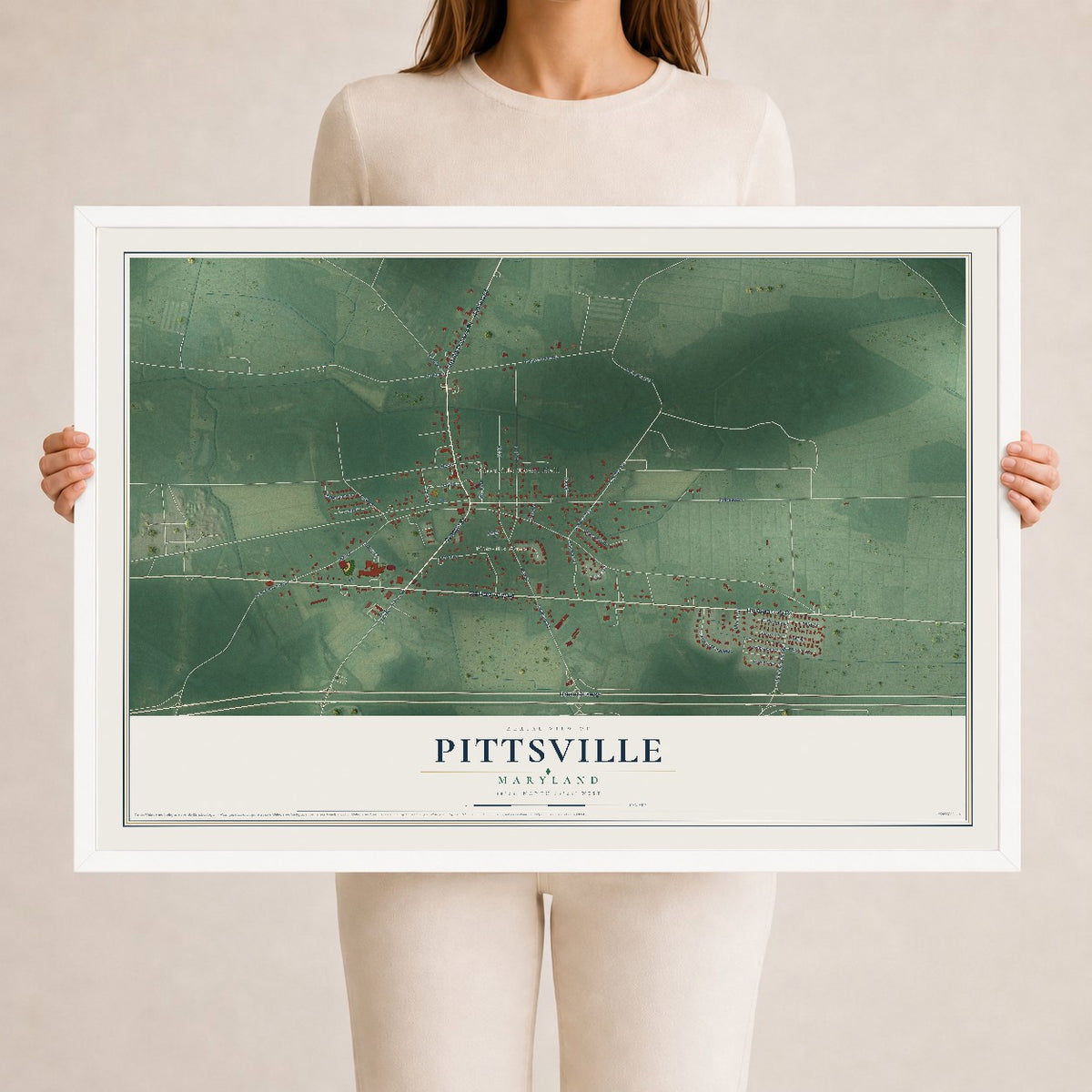 Map of Pittsville, Maryland, 24 x 36 inch print in a white wood frame
