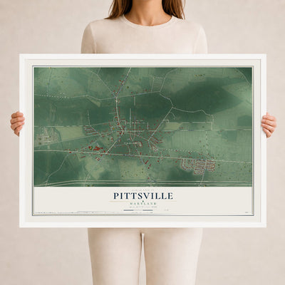 Map of Pittsville, Maryland, 24 x 36 inch print in a white wood frame