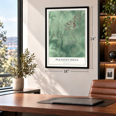 Pleasant Hills, Maryland map, 18 x 24 inch print in a black frame in a home office