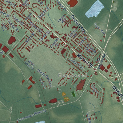 Close-up of the map of Pocomoke City, Maryland print showing street and building detail