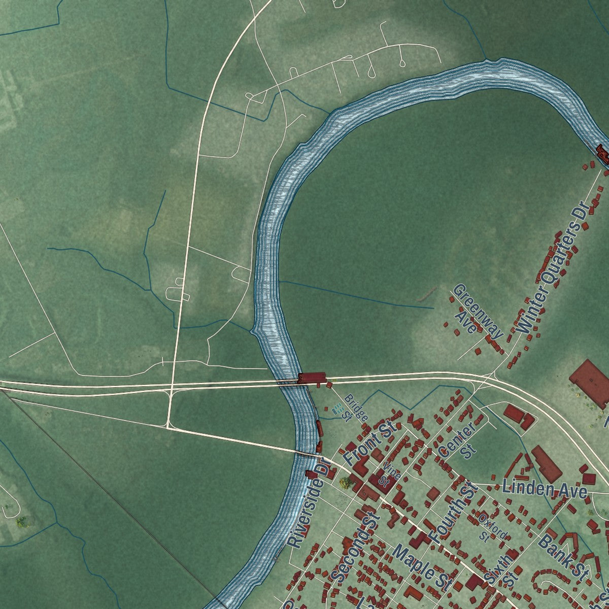Second close-up of the map of Pocomoke City, Maryland print showing more streets and buildings