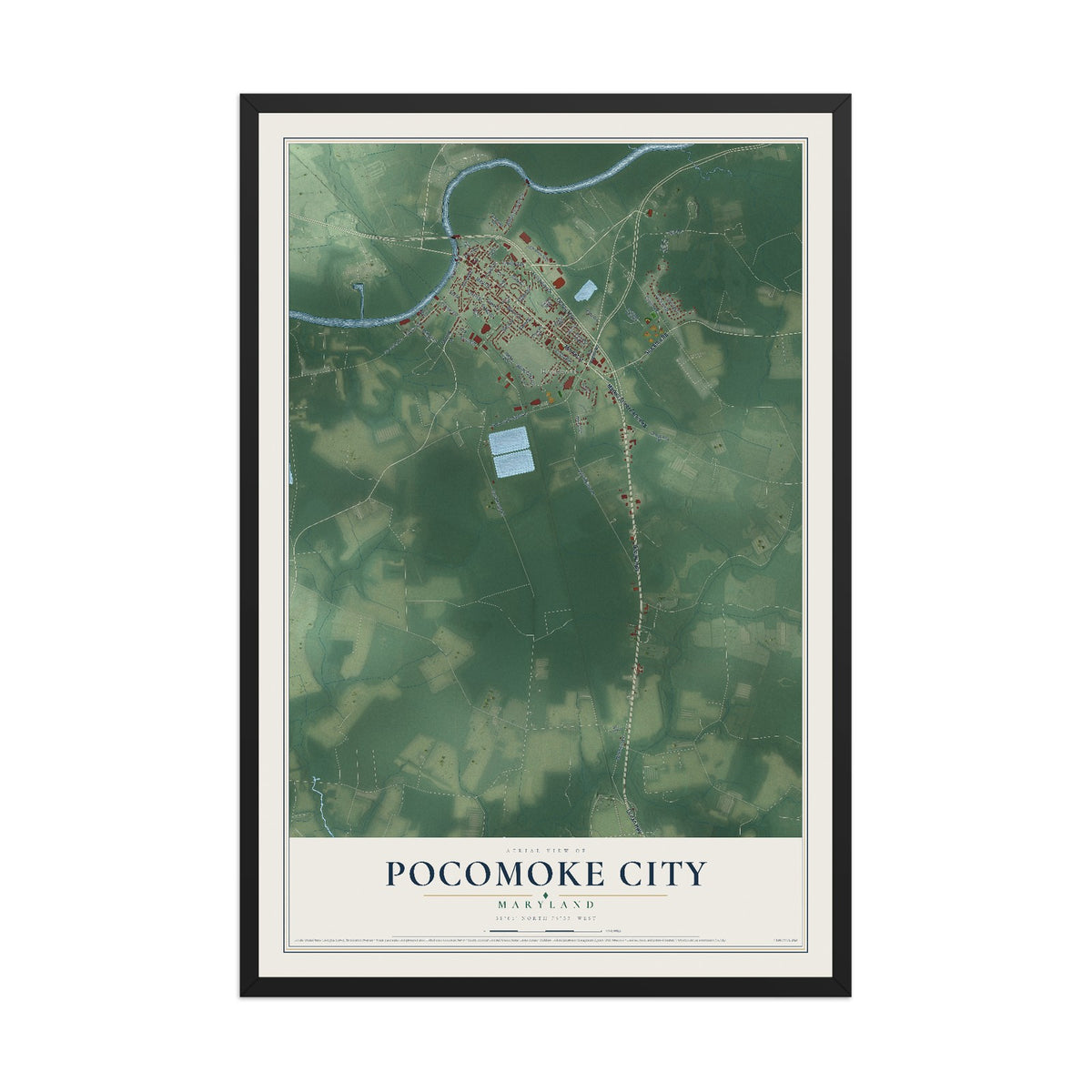 Map of Pocomoke City, Maryland, 12 x 18 inch print in a black wood frame