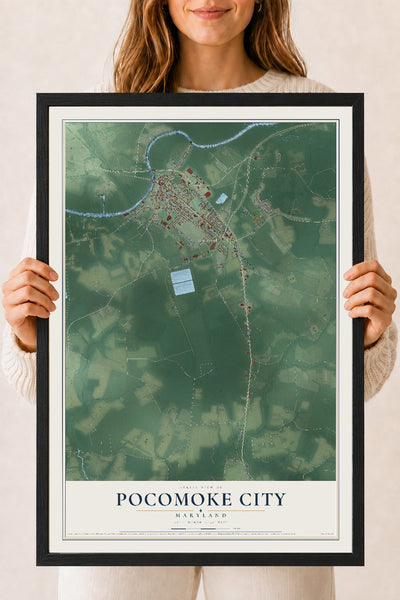 Map of Pocomoke City, Maryland, 18 x 24 inch print in a black wood frame
