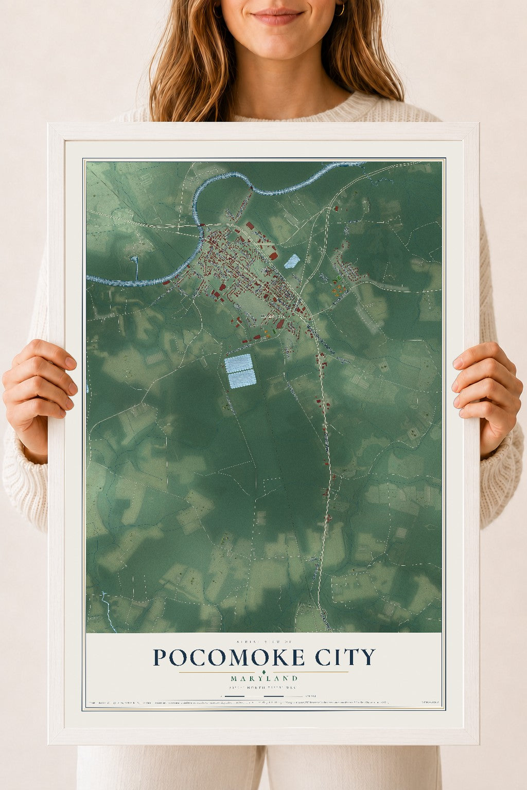 Map of Pocomoke City, Maryland, 18 x 24 inch print in a white wood frame