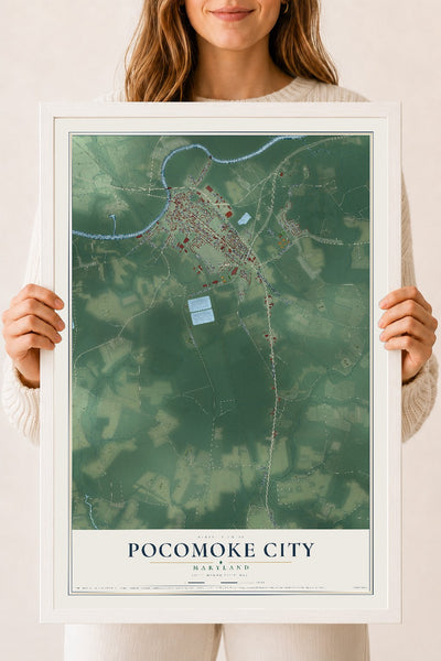 Map of Pocomoke City, Maryland, 18 x 24 inch print in a white wood frame
