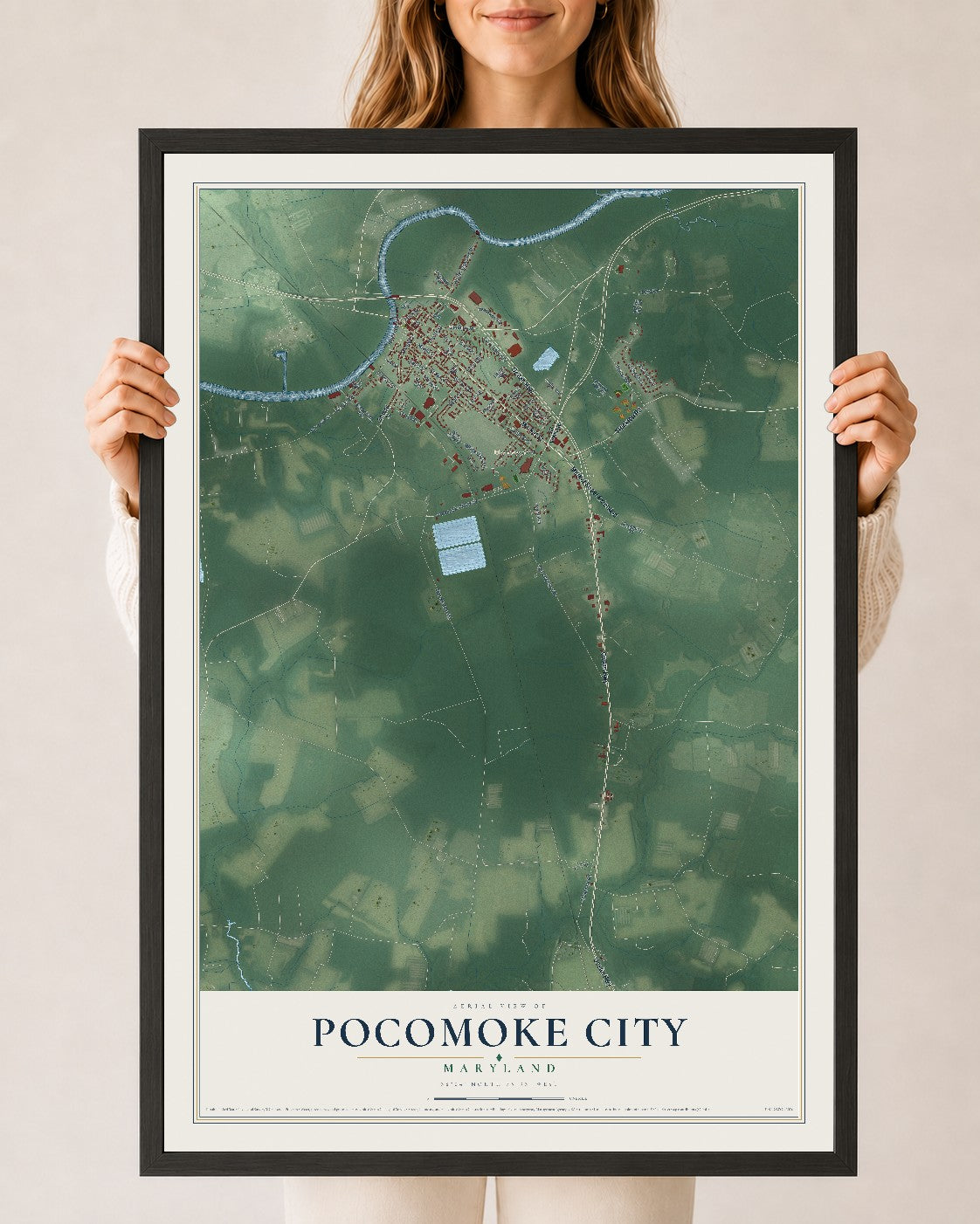 Map of Pocomoke City, Maryland, 24 x 36 inch print in a black wood frame