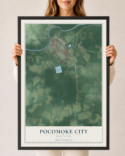 Map of Pocomoke City, Maryland, 24 x 36 inch print in a black wood frame