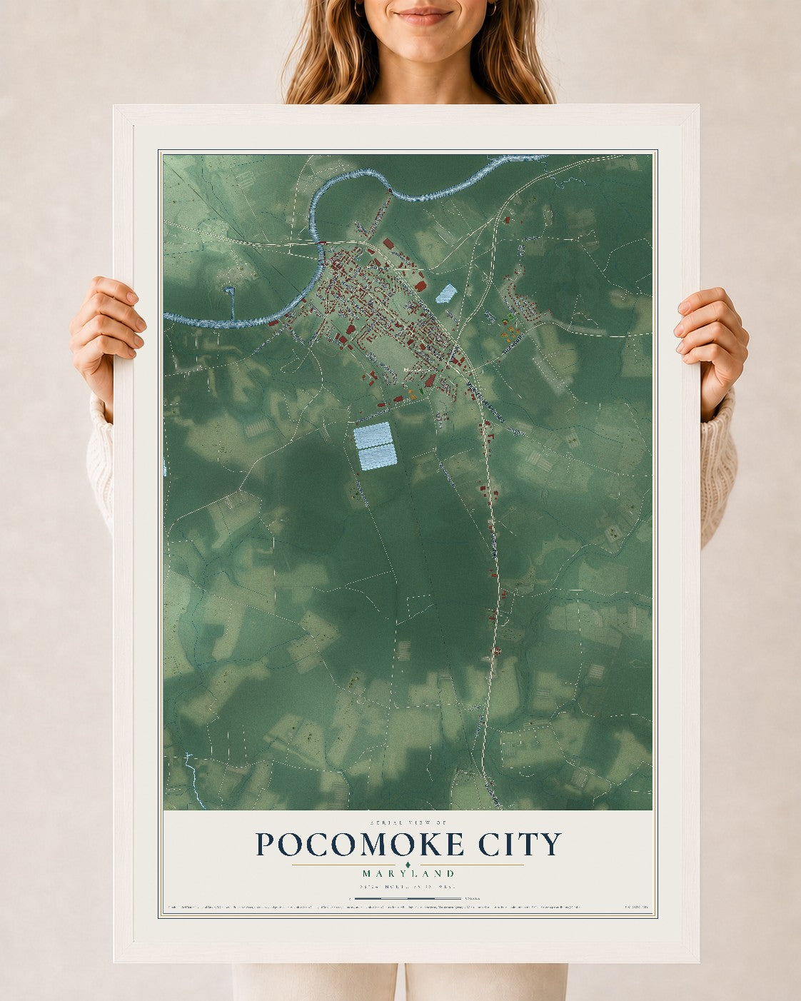 Map of Pocomoke City, Maryland, 24 x 36 inch print in a white wood frame